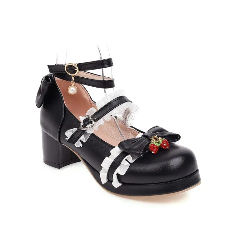 Women's Chunky Heel Pumps Mary Janes Shoes with Bowtie