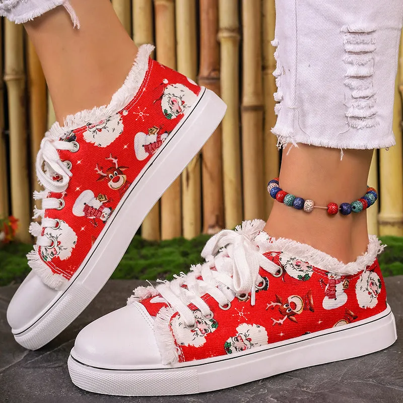 Women's Fringed Christmas Santa Claus Print Canvas Shoes