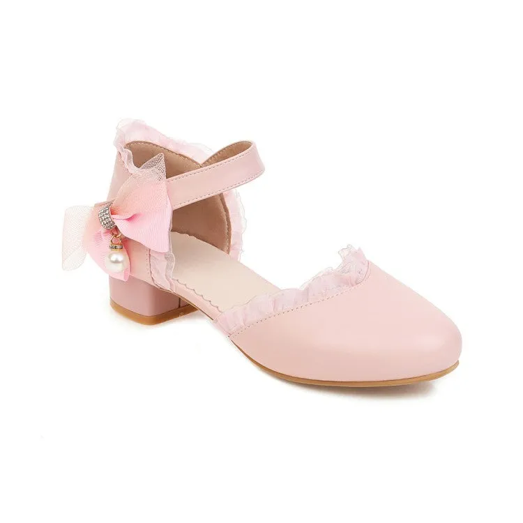 Women's Lolita Lace Round Toe Pearls Ankle Strap Block Heel Low Heels Sandals