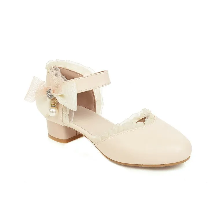 Women's Lolita Lace Round Toe Pearls Ankle Strap Block Heel Low Heels Sandals