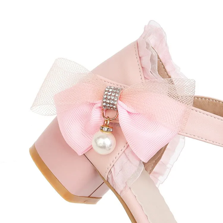 Women's Lolita Lace Round Toe Pearls Ankle Strap Block Heel Low Heels Sandals