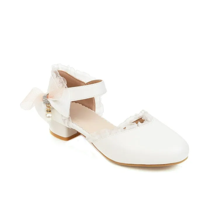 Women's Lolita Lace Round Toe Pearls Ankle Strap Block Heel Low Heels Sandals