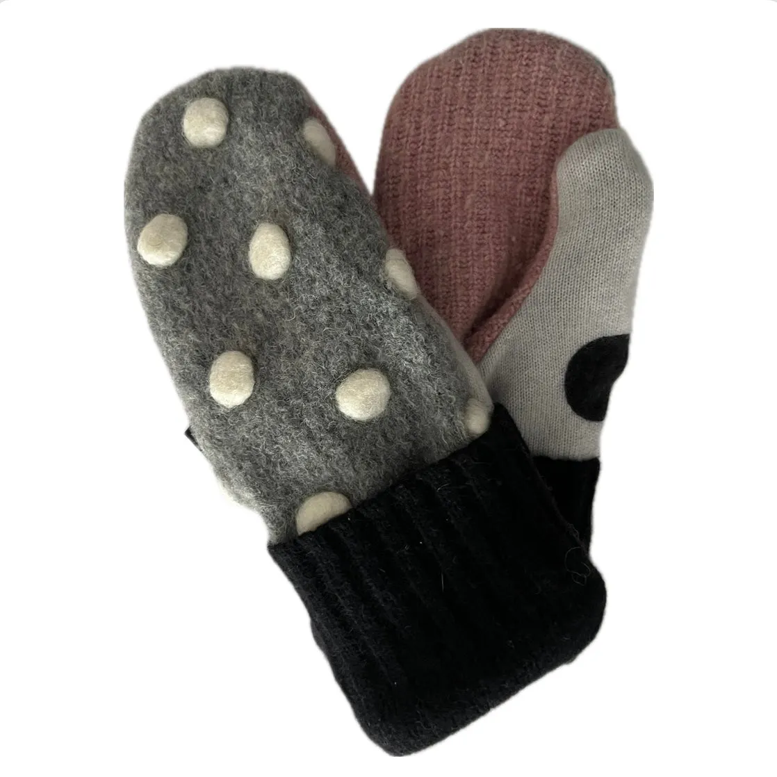 Women's Mittens - Grey & Pink with White Polka Dots - 1555 M/L