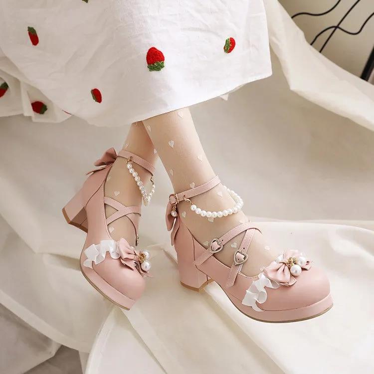 Women's Pearl Chunky Heel Pumps Mary Janes Shoes with Bowtie