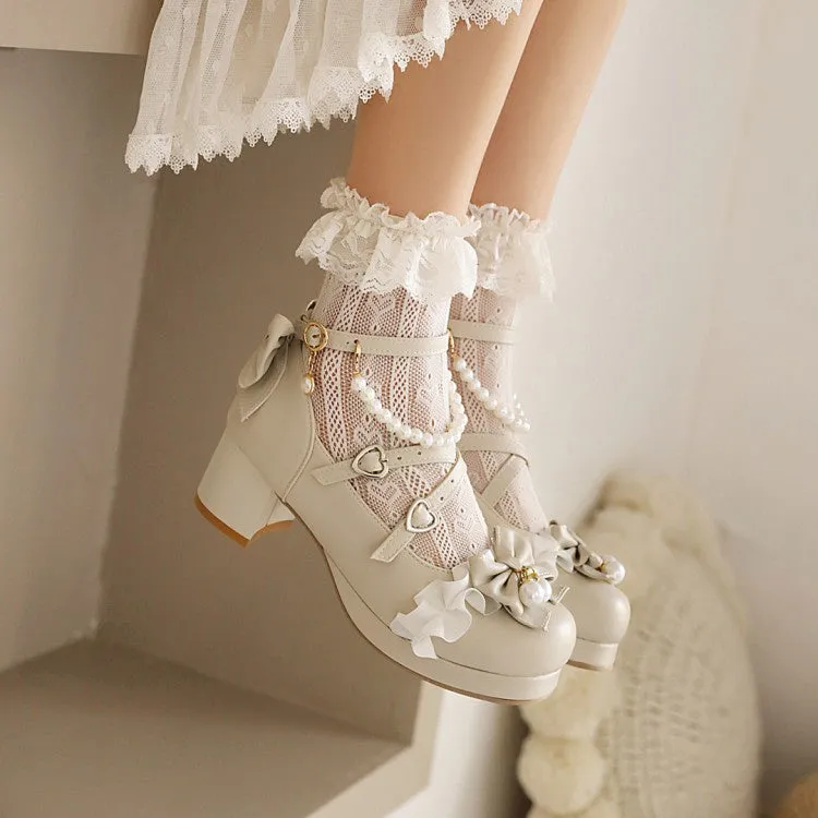 Women's Pearl Chunky Heel Pumps Mary Janes Shoes with Bowtie