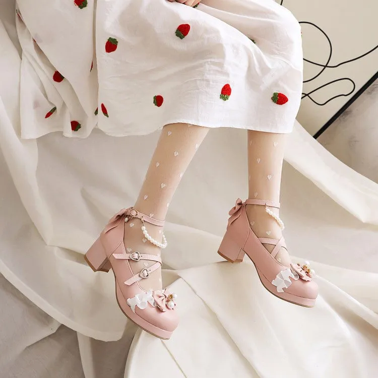 Women's Pearl Chunky Heel Pumps Mary Janes Shoes with Bowtie