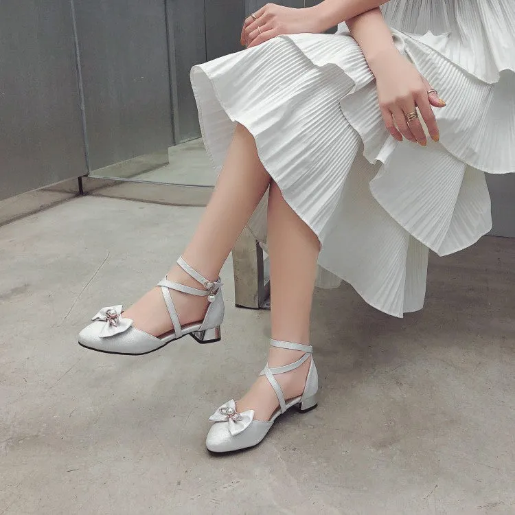 Women's Pearls Bow Tie Ankle Strap Block Chunky Heel Sandals