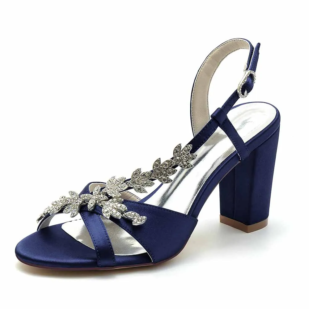 Women's Slingback Pump Beaded Chunky Heeled Sandals Satin Pump Prom Sandals