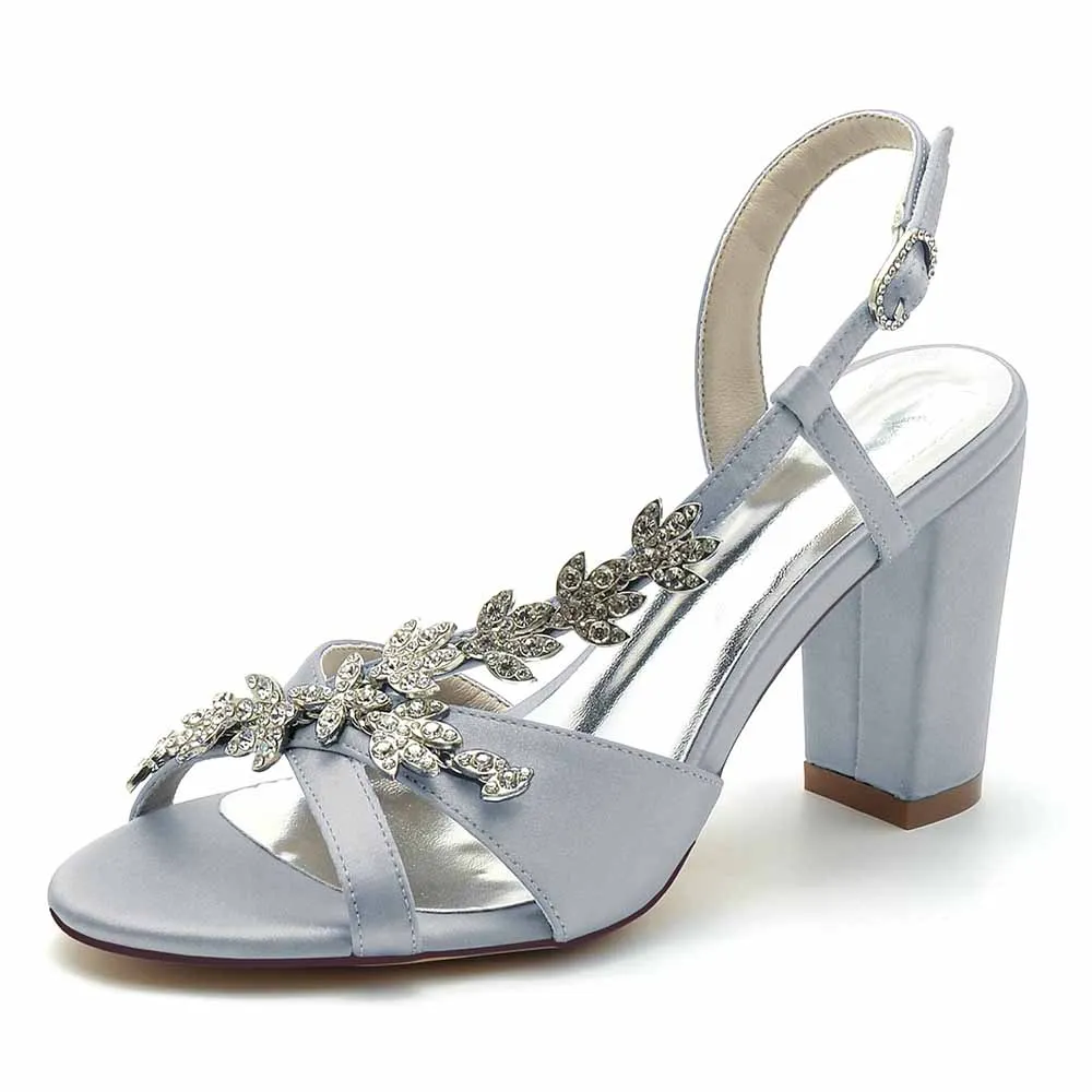Women's Slingback Pump Beaded Chunky Heeled Sandals Satin Pump Prom Sandals