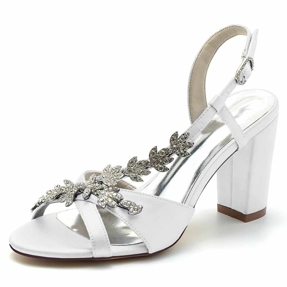 Women's Slingback Pump Beaded Chunky Heeled Sandals Satin Pump Prom Sandals