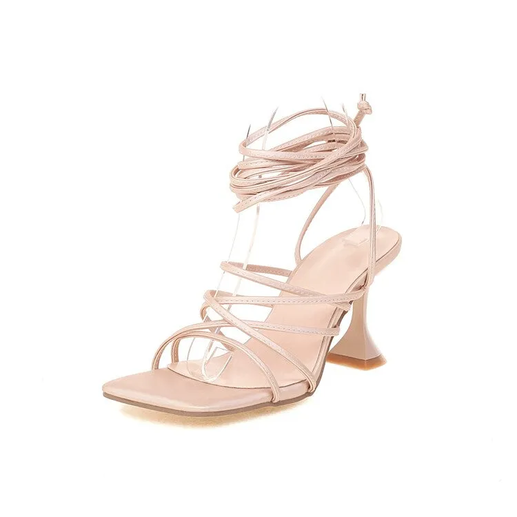 Women's Solid Color Square Toe Cross Tied Strap Spool Heel Sandals