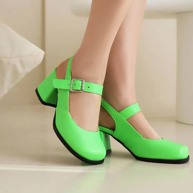 Women's Square Toe Shallow Mary Janes Block Chunky Heel Platform Sandals