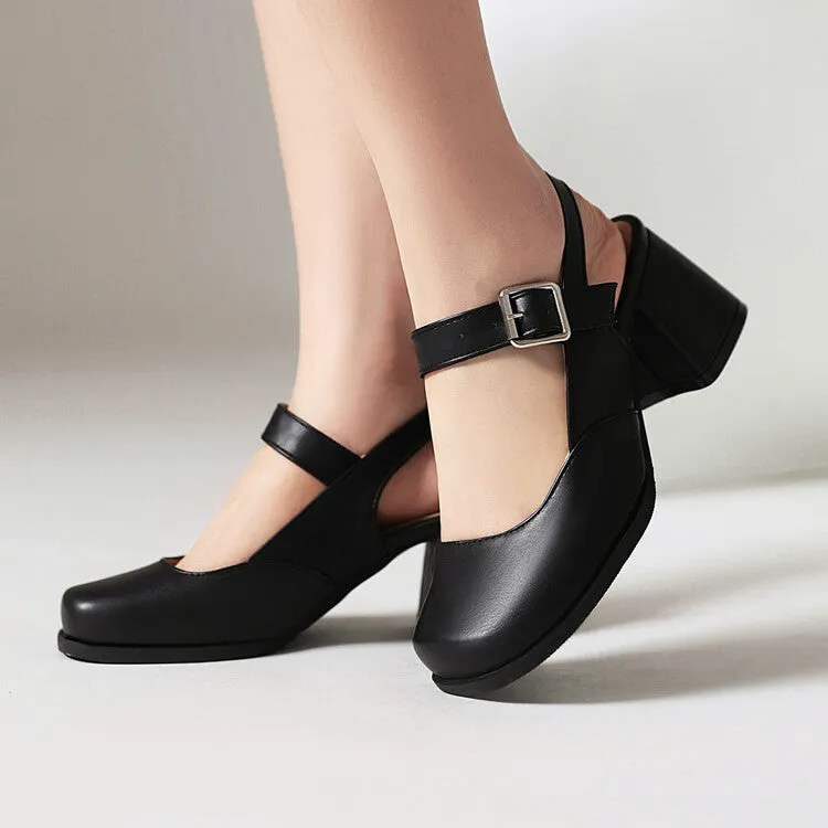 Women's Square Toe Shallow Mary Janes Block Chunky Heel Platform Sandals