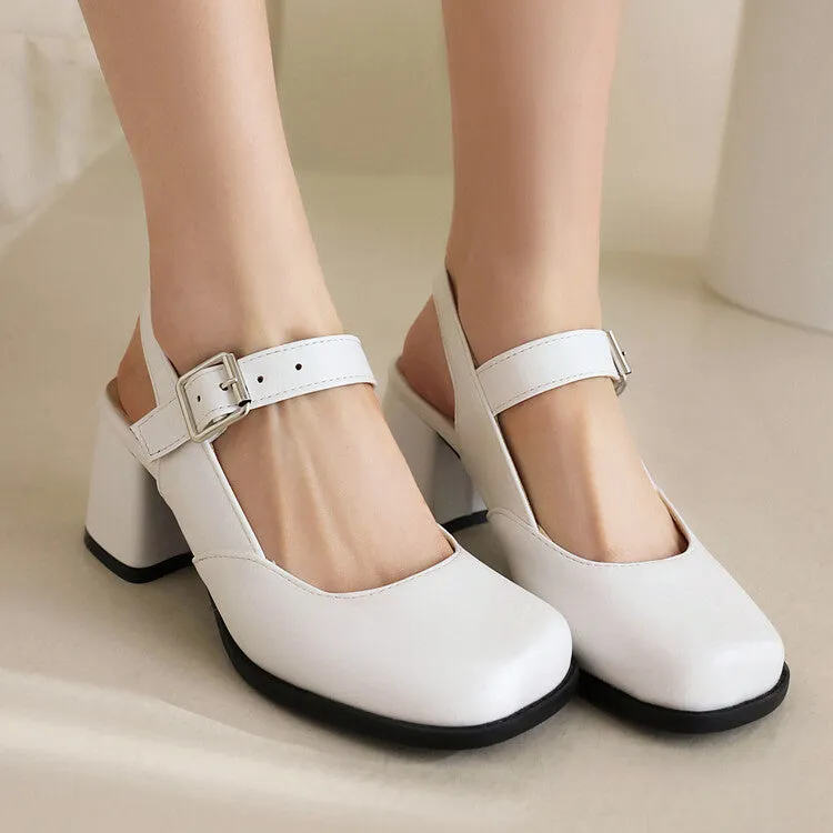 Women's Square Toe Shallow Mary Janes Block Chunky Heel Platform Sandals