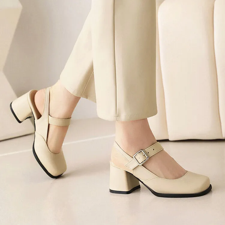 Women's Square Toe Shallow Mary Janes Block Chunky Heel Platform Sandals