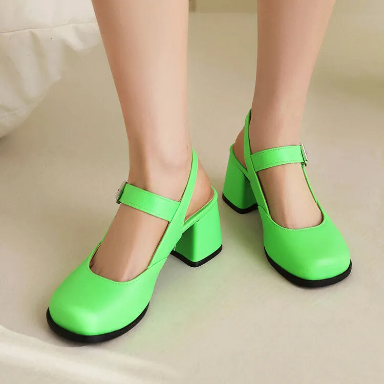 Women's Square Toe Shallow Mary Janes Block Chunky Heel Platform Sandals