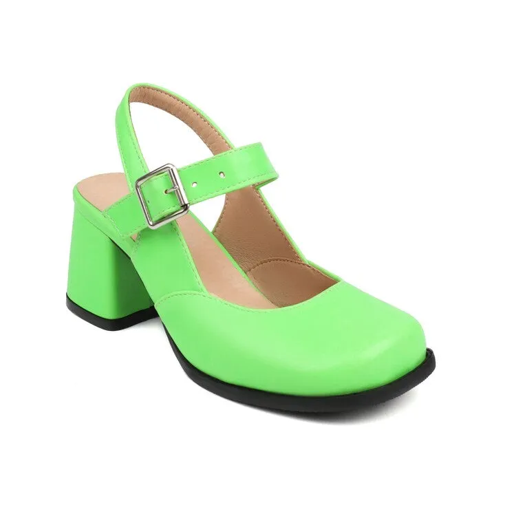 Women's Square Toe Shallow Mary Janes Block Chunky Heel Platform Sandals