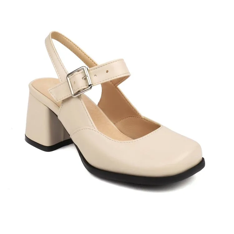 Women's Square Toe Shallow Mary Janes Block Chunky Heel Platform Sandals
