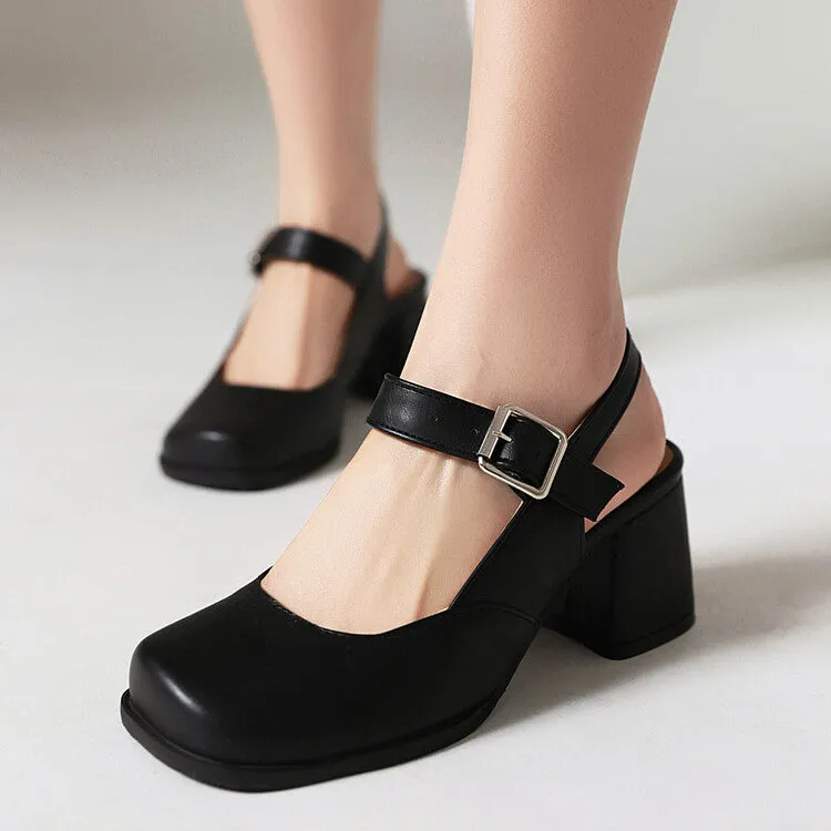 Women's Square Toe Shallow Mary Janes Block Chunky Heel Platform Sandals