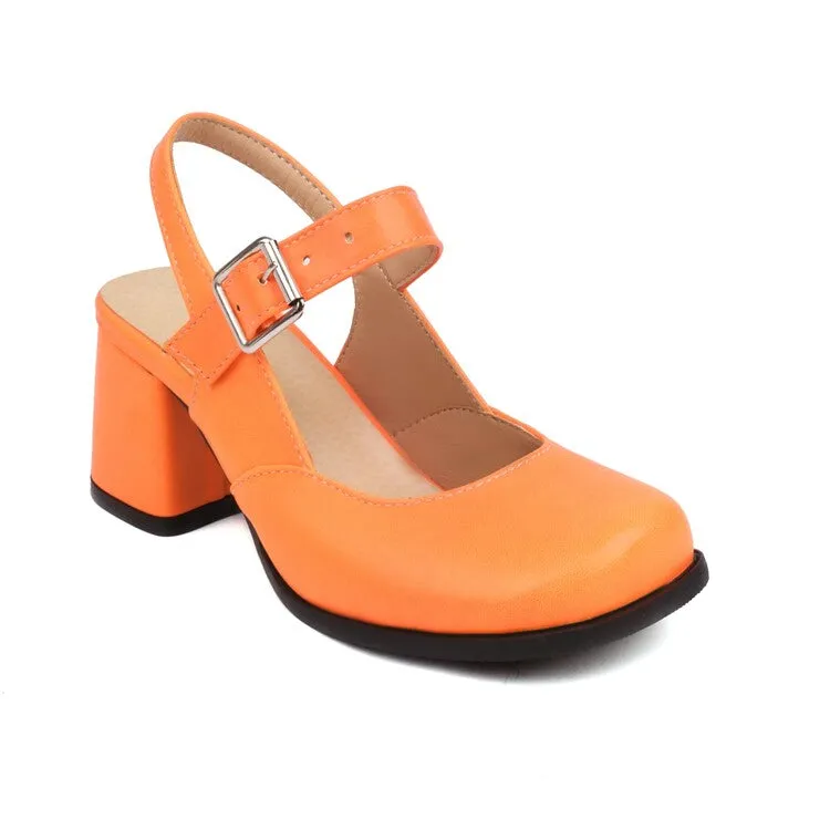 Women's Square Toe Shallow Mary Janes Block Chunky Heel Platform Sandals