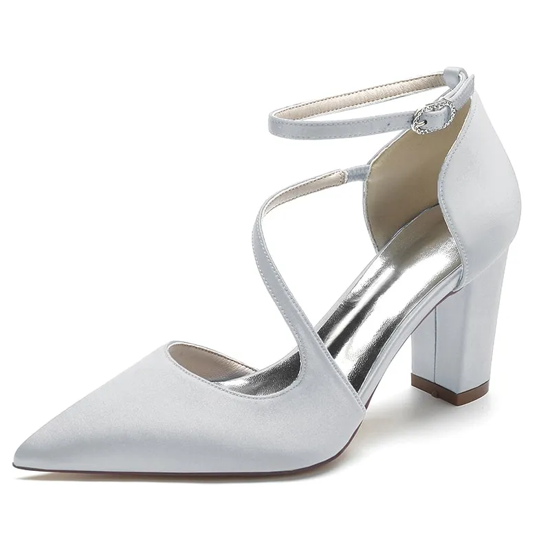 Women's Strappy Chunky Heels Closed Pointed Toe Satin Pump Heel Prom Sandals