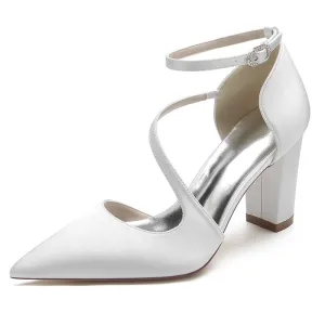 Women's Strappy Chunky Heels Closed Pointed Toe Satin Pump Heel Prom Sandals
