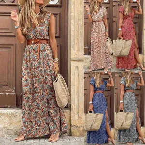 Women's Summer Casual Boho Dress Floral Print Ruffle Puff Sleeve High Waist Midi Beach Dresses