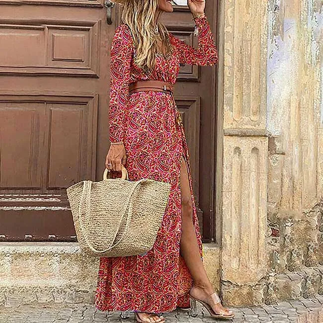 Women's Summer Casual Boho Dress Floral Print Ruffle Puff Sleeve High Waist Midi Beach Dresses
