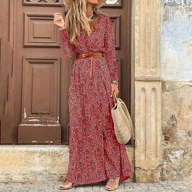 Women's Summer Casual Boho Dress Floral Print Ruffle Puff Sleeve High Waist Midi Beach Dresses