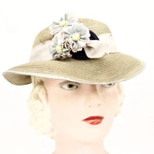 Womens Vintage Hat 1930s Beige Straw Pink Blue  Flowers Fascinator Dusty Colors Church Guernsey
