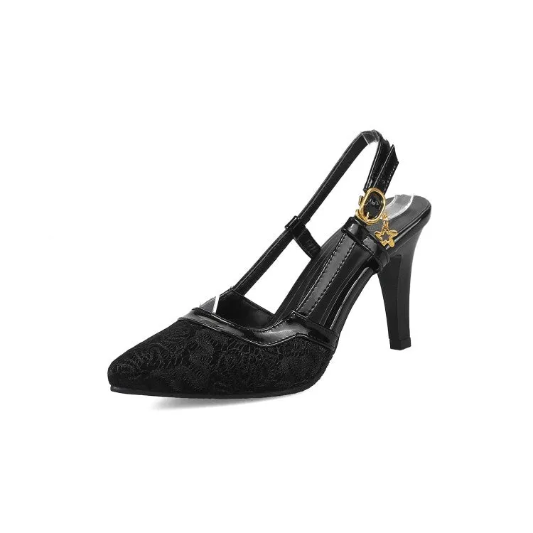 Women's's Pointed Toe Embossed Lace Buckle Strap Stiletto Heels Sandals