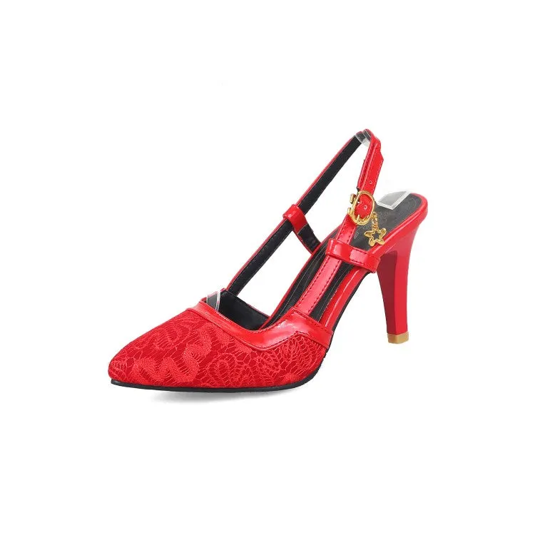 Women's's Pointed Toe Embossed Lace Buckle Strap Stiletto Heels Sandals