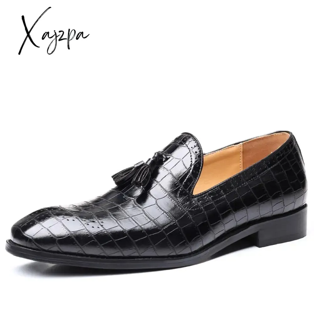 Xajzpa - New Loafers Men Shoes PU Solid Color Fashion Business Casual Party Daily Crocodile Pattern Tassel Breathable Dress Shoes